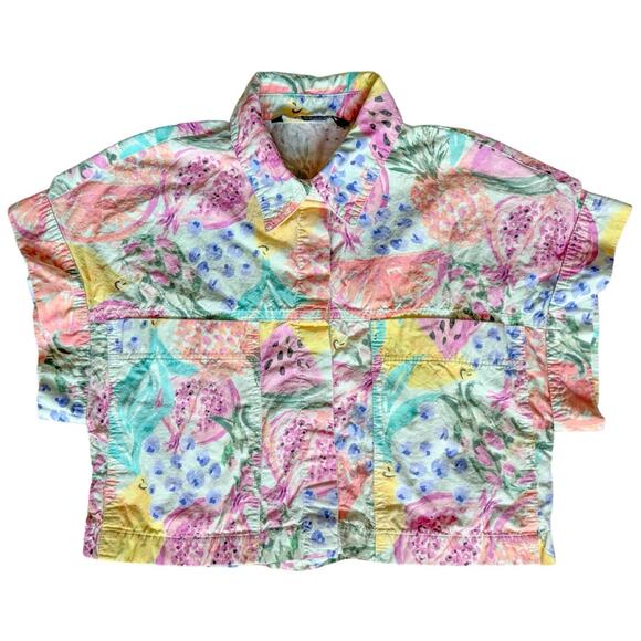 Zara Tops - Zara Fruits Printed Poplin Top Blouse Pastel Watercolor Tropical Button Up Shirt